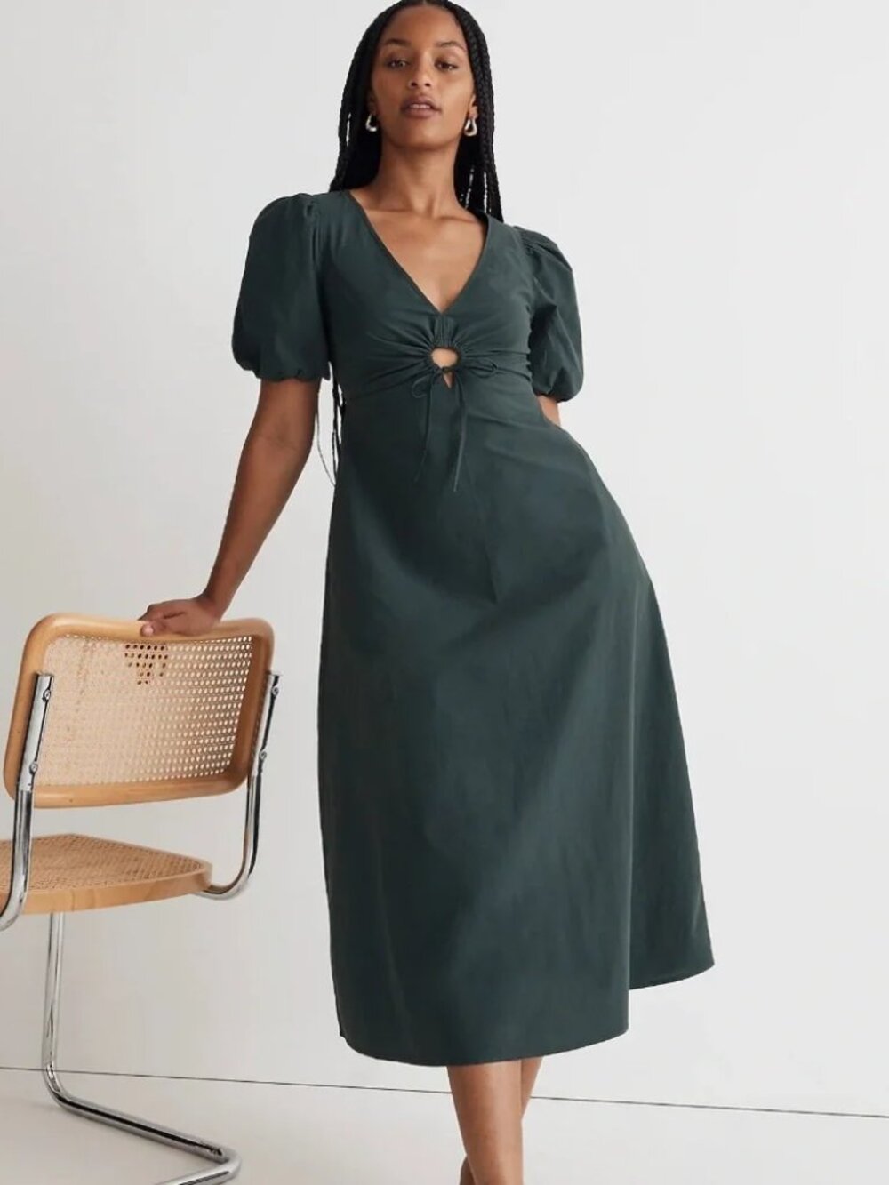 Madewell Poplin Cutout Puff-Sleeve Midi Dress Dark Palm 00